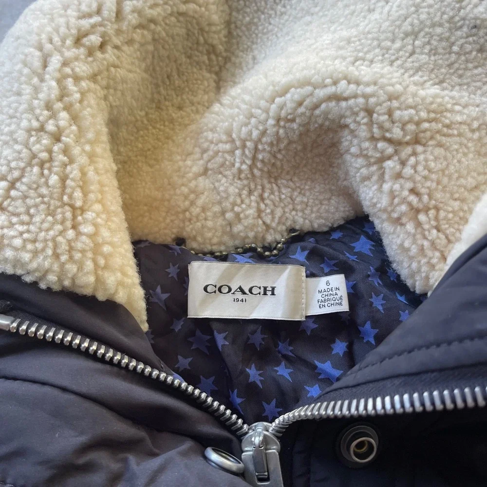 Coach 1941 Women Black Puffer Jacket Shearling Leather Yoke Star Lining 6 26720